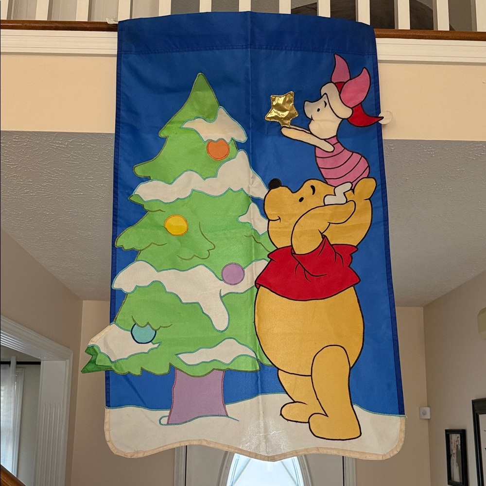 Vintage 90s Disney Winnie the Pooh Christmas Flag Holiday Yard Decor